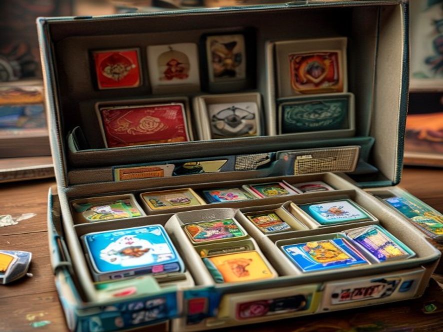 A foam-core organizer tray set inside a board-game box, with cards, tokens, and miniatures sorted into labeled compartments.