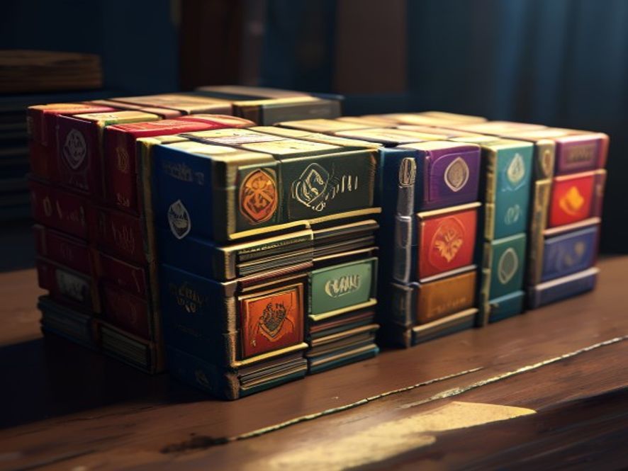 A row of sleeved ability cards stacked neatly next to a small stack of attack-modifier cards.