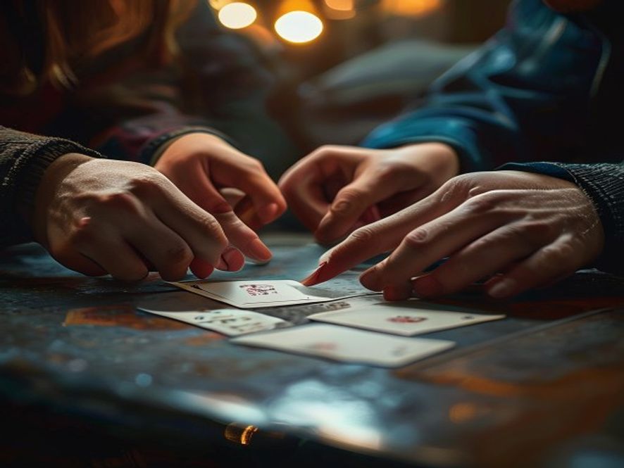 Two players placing cards face-down on a table at the same time, hands hovering over their committed picks.