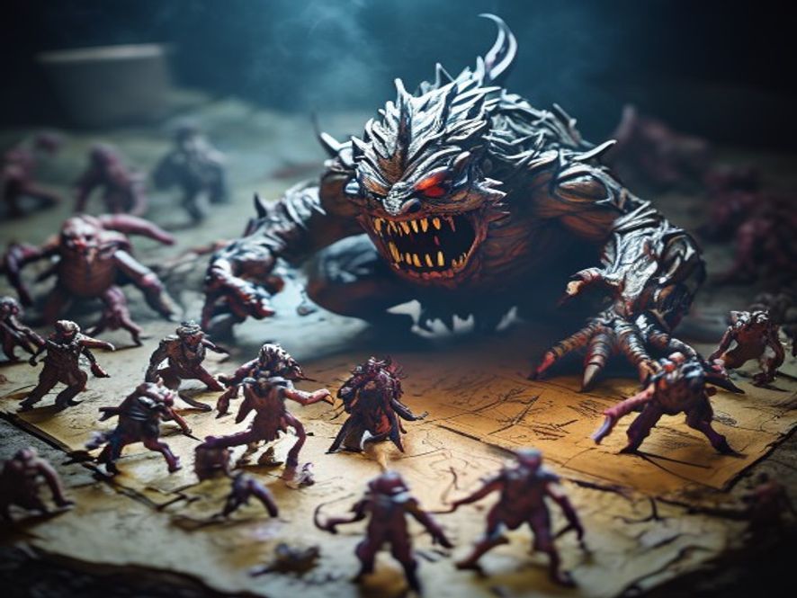 A monster ability card displayed beside a cluster of enemy miniatures arranged to show their movement and focus.