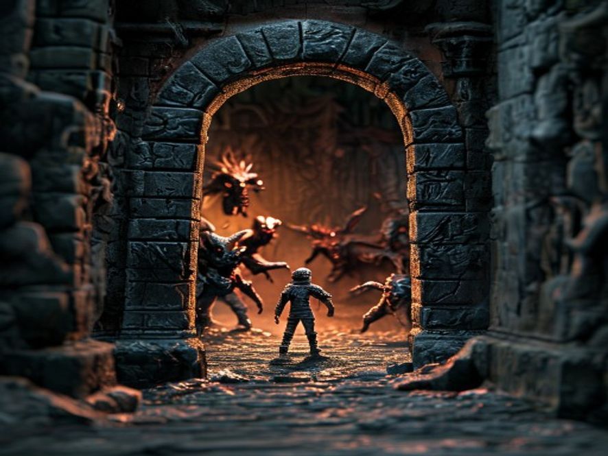 A player miniature poised at an open dungeon doorway with a fresh room of monster figures revealed beyond.