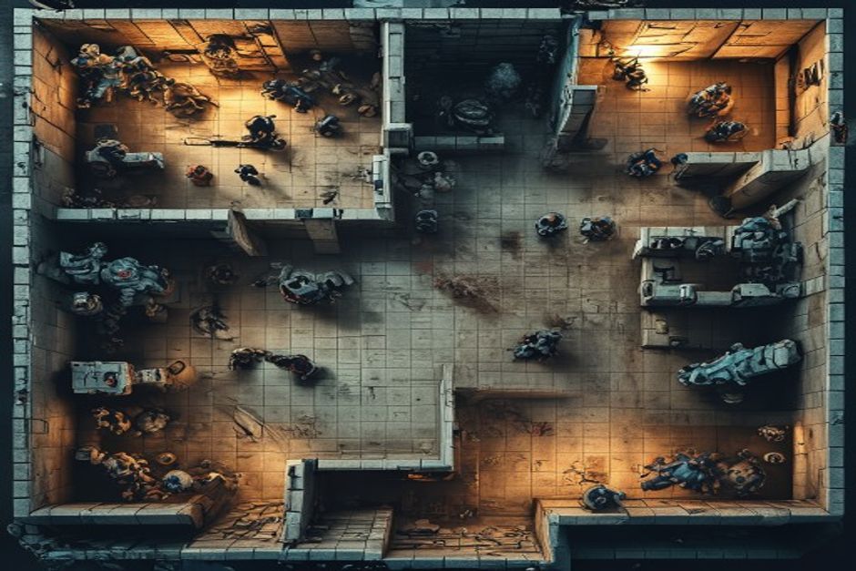 Overhead view of a modular dungeon laid out in tiles, with player miniatures clustered near one room and monster figures advancing along corridors.