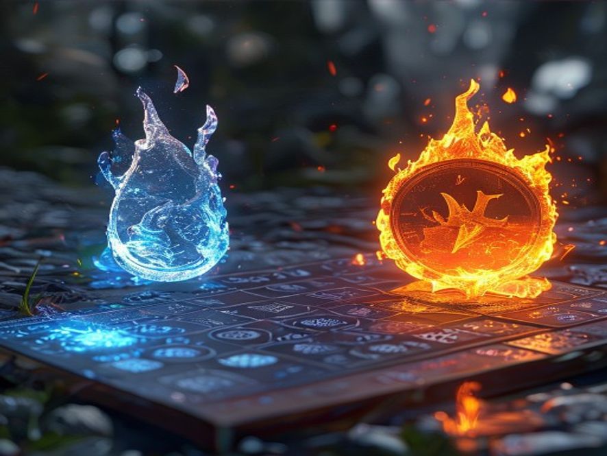 Element tokens for fire and ice sitting on a tracker beside a board, mid-combo.