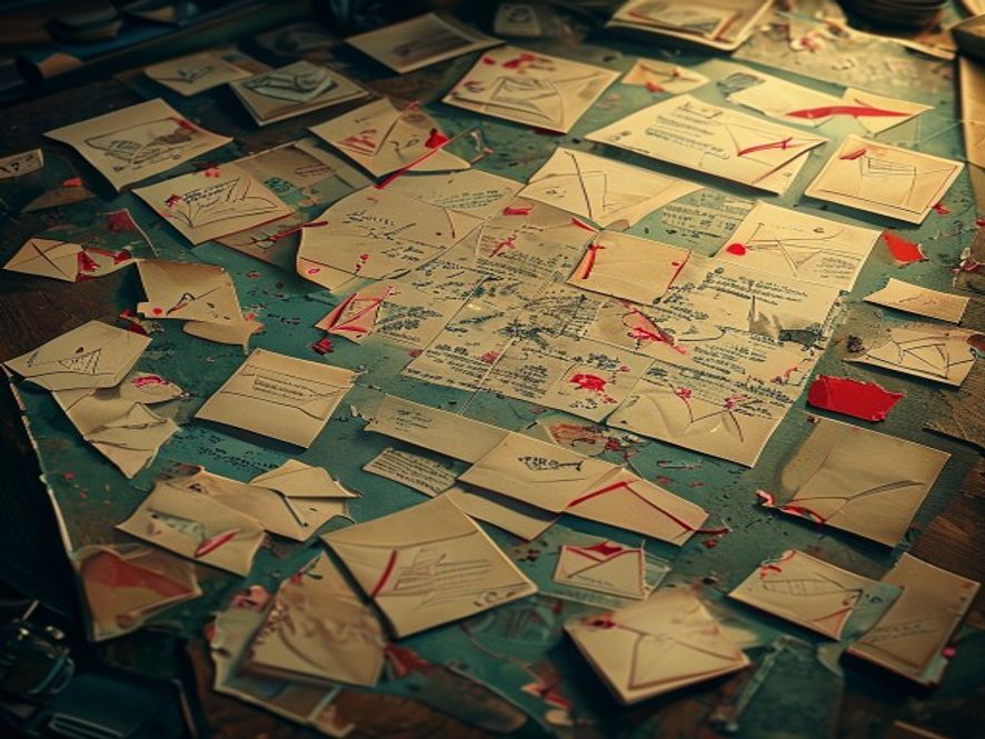 A campaign map covered in applied stickers and small marks, with a few torn-open paper envelopes beside it.