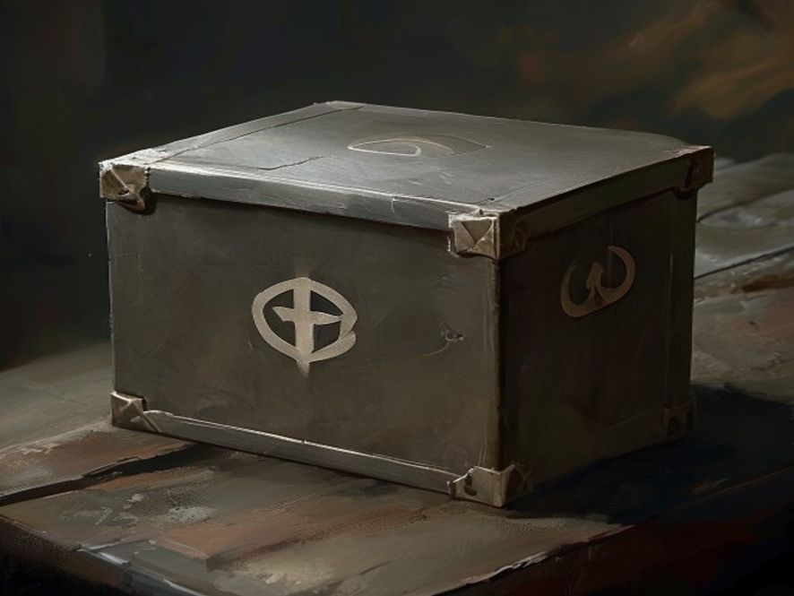 A sealed class box marked only with an abstract symbol, sitting unopened beside the game.