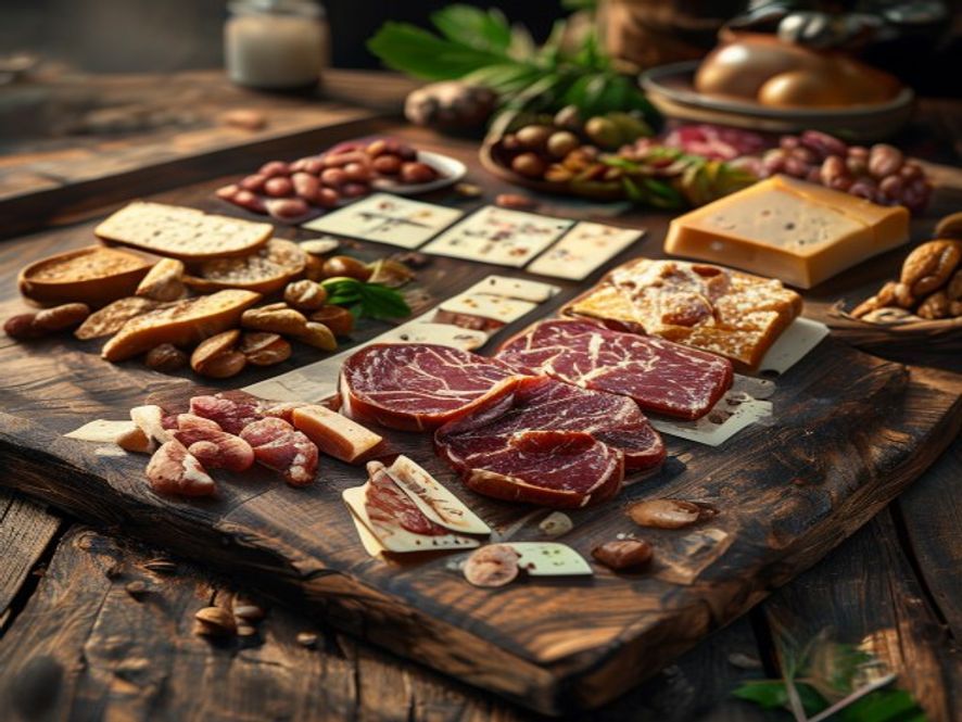 A wooden board of road rations — cured meats, hard cheeses, nuts, and bread — set safely away from the cards.