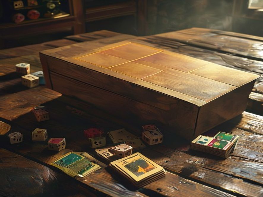 A large unopened board game box beside a stack of square cards and dice on a wooden table.