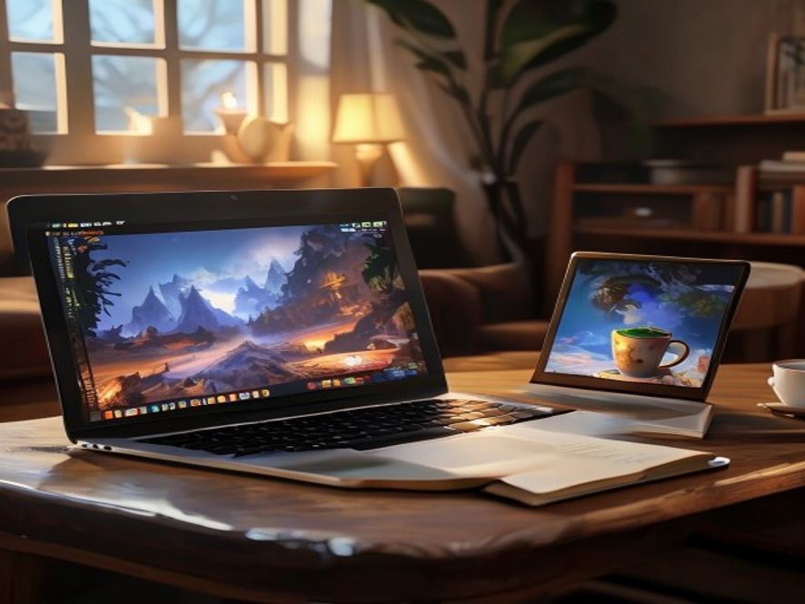 A laptop on a coffee table showing a tabletop game playthrough video next to a notebook and coffee.