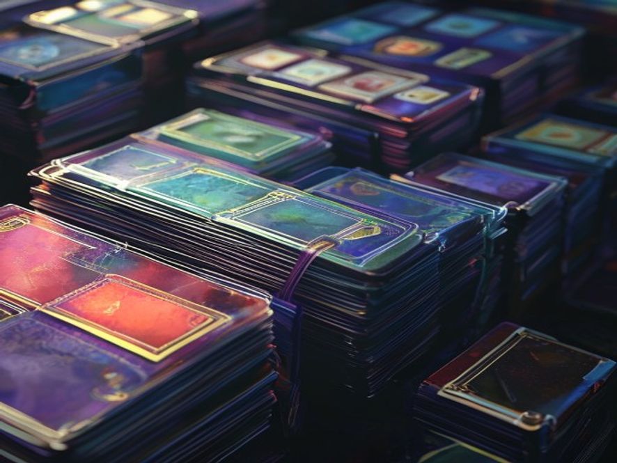 Rows of square game cards being slid into clear protective sleeves beside a stack of unsleeved cards.