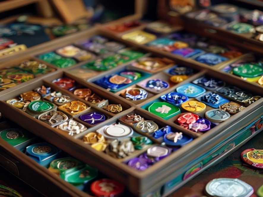 A foam tray insert filled with organized game tokens, cards, and miniatures lifted from a board game box.