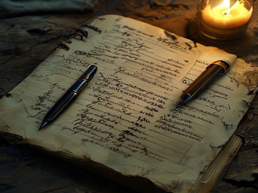 A handwritten journal page listing survivor names, gear, and notes beside a pen and a lit candle.