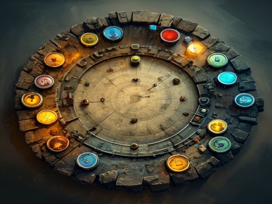 A circular hunt board with event spaces and small tokens advancing along a path between two ends.