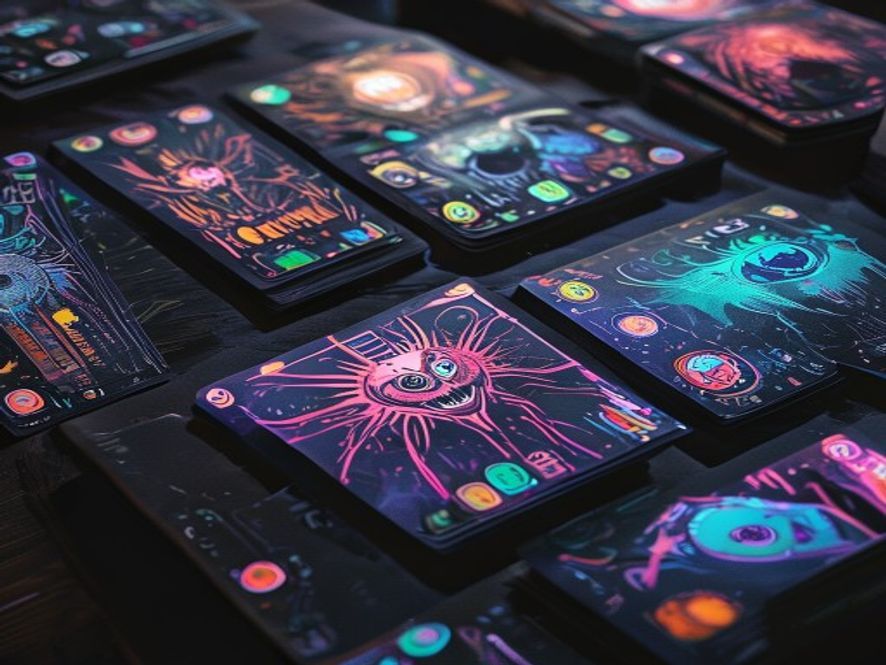 A fanned spread of monster AI cards and hit-location cards face-up on a dark table.