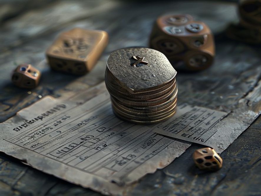 A small stack of survival-point tokens beside a survivor record sheet and a ten-sided die.