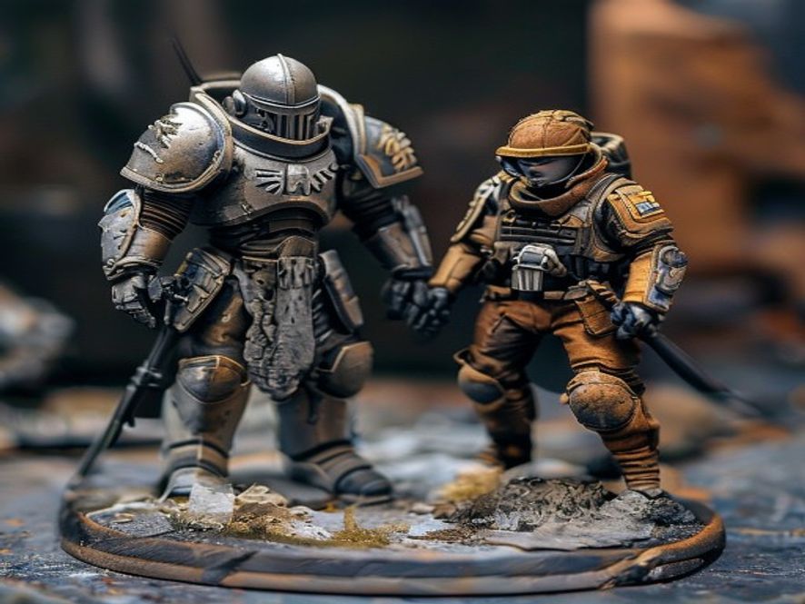 Two miniature survivor figures equipped differently, one in heavy armor and one lightly armed, posed on a board.