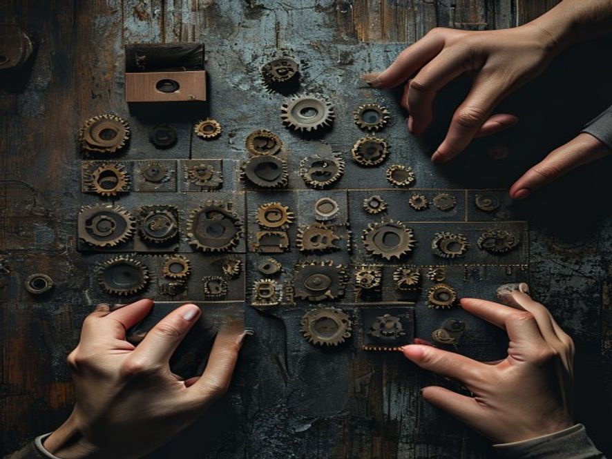 A hand arranging multiple gear cards into a tight grid pattern on a dark tabletop.