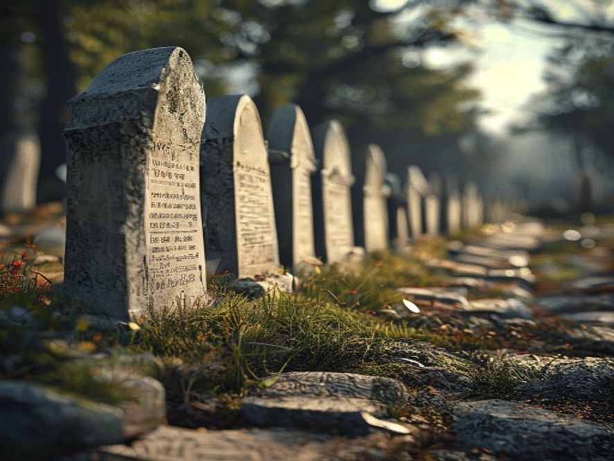A row of small grave markers or memorial tokens lined up beside a settlement record sheet.