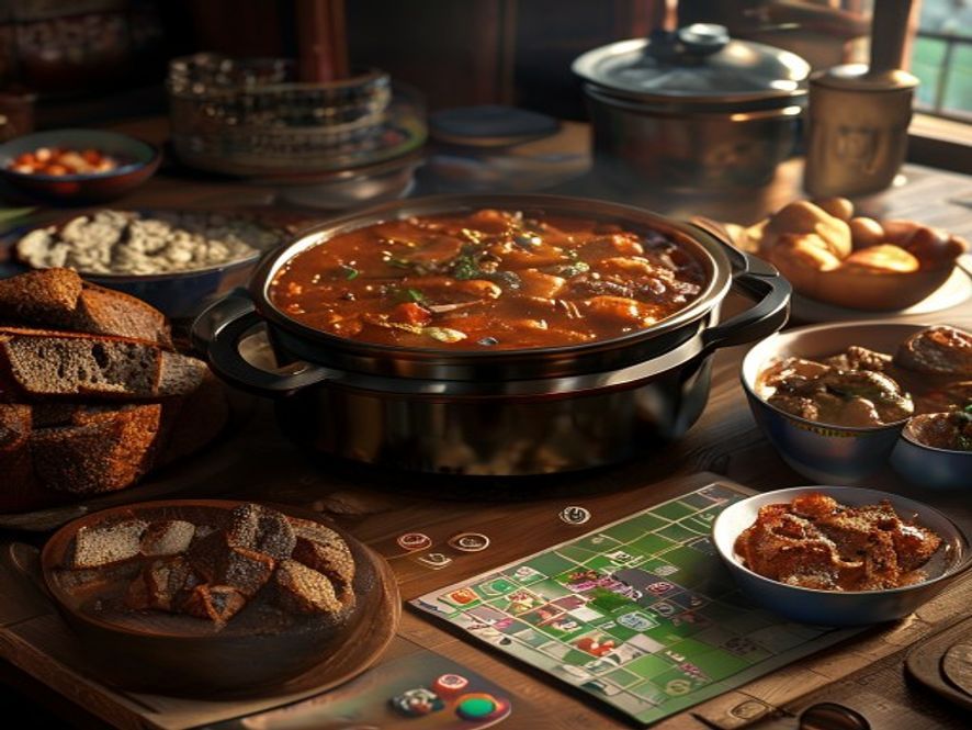 A slow cooker of stew, snack bowls, and dark bread arranged on a side table near a game board.