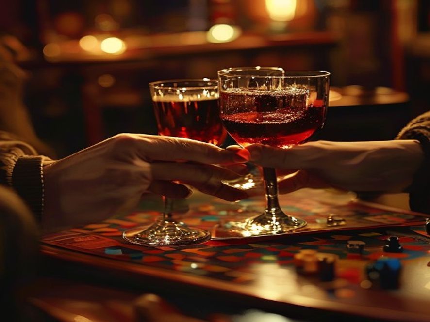 Hands clinking glasses of a dark drink over a board game table in warm low light.