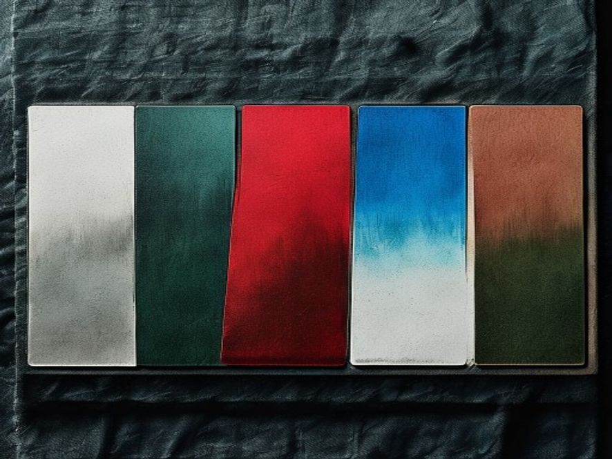 Five blank trading-card backs fanned in a row, each tinted one of five colors — white, blue, black, red, green — on a dark felt mat.