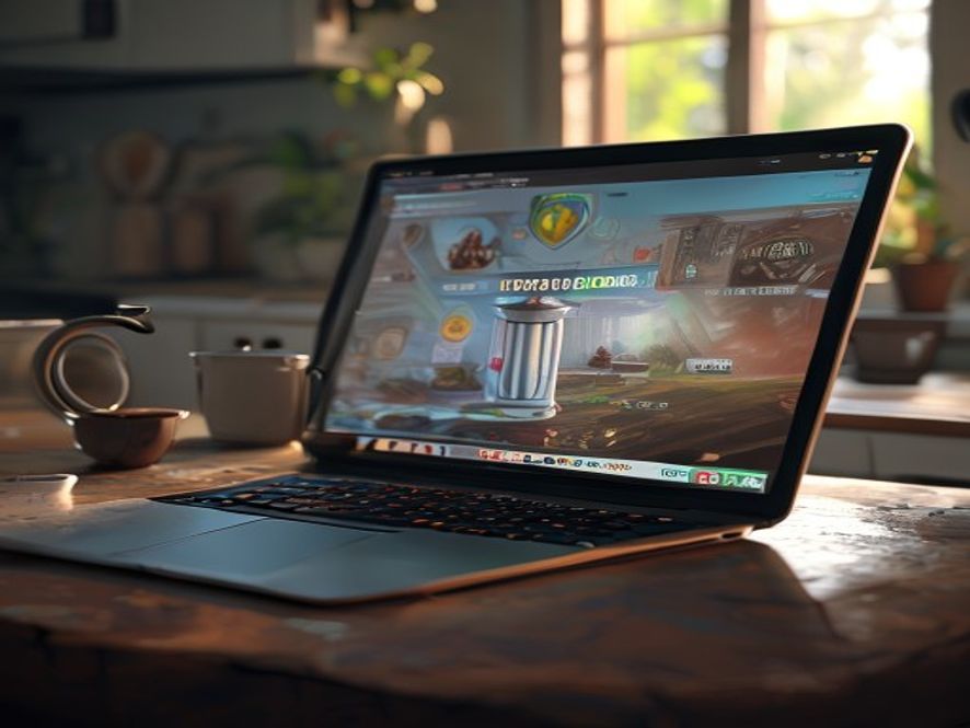 A laptop on a kitchen table showing a generic digital card-game tutorial screen, a mug of coffee beside it.