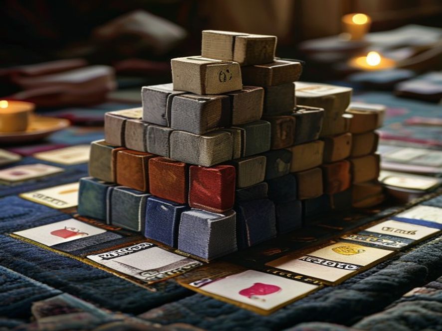 Cards arranged in ascending columns by mana cost forming a pyramid silhouette on a felt mat.