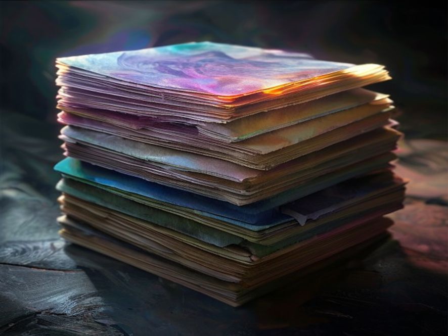 A stack of opaque solid-colored card sleeves beside a half-sleeved deck.