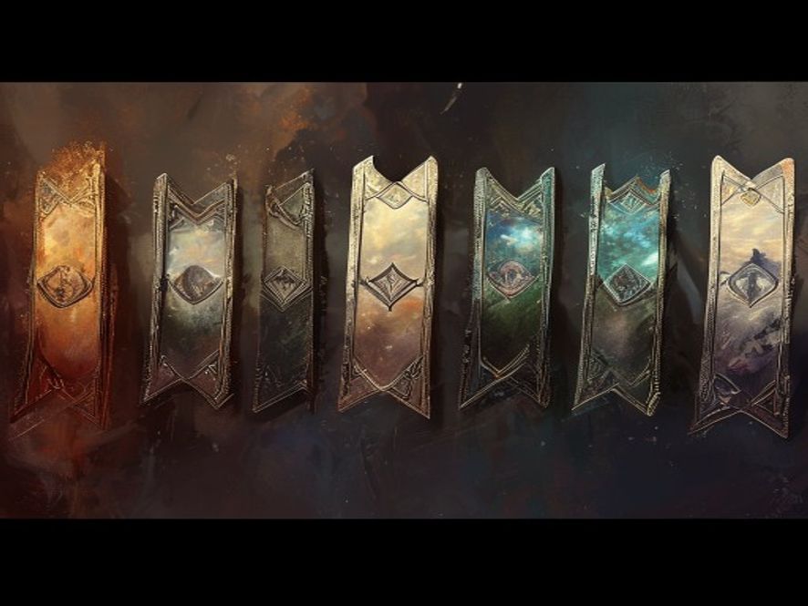 A row of land cards rotated ninety degrees to show they are tapped for mana.