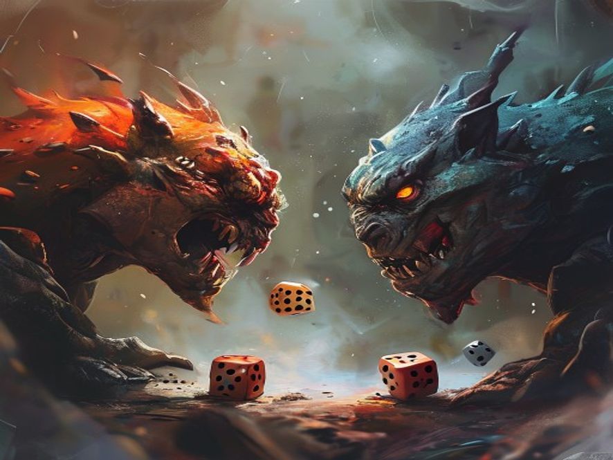 Two creature cards facing each other with small dice marking power and toughness during combat.