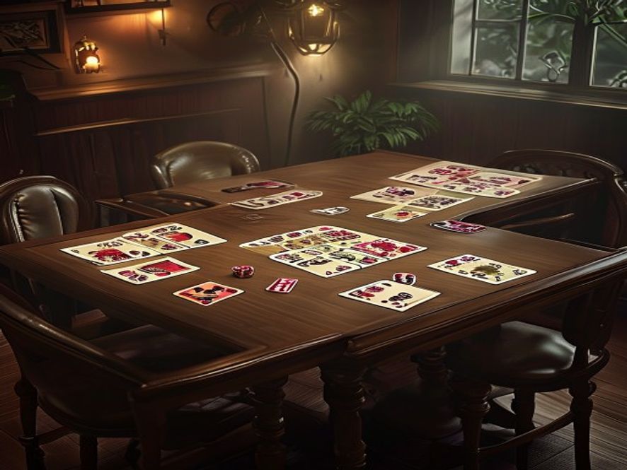 A four-seat table with four separate developed boards of cards and a set of life-tracking dice at each seat.