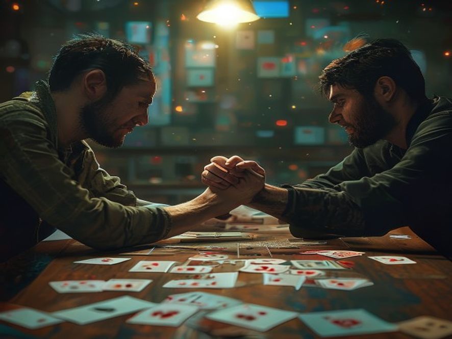 Two players clasping hands across a table littered with cards at the end of a match.