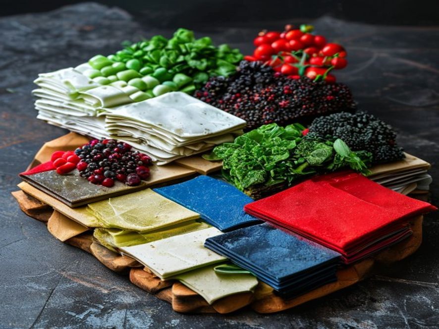 A grazing snack board arranged in five colored sections — white, blue, black, red, green — beside a stack of napkins.
