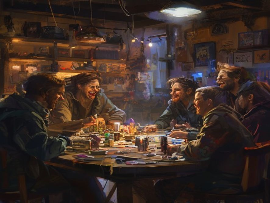 A group of players laughing around a cluttered game table in a cozy store back room at night.