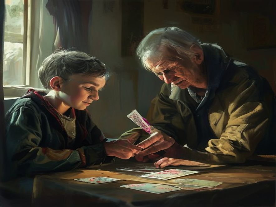 An older player leaning over to point at a card in a younger newcomer's hand, coaching a first game.