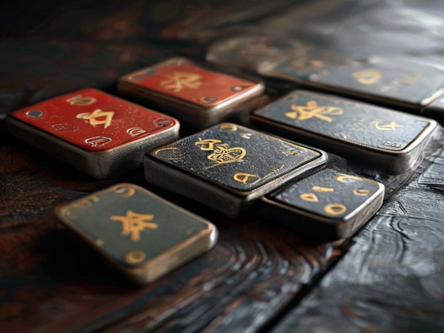 Close-up of engraved mahjong number tiles in three suits arranged in a neat row on dark wood.