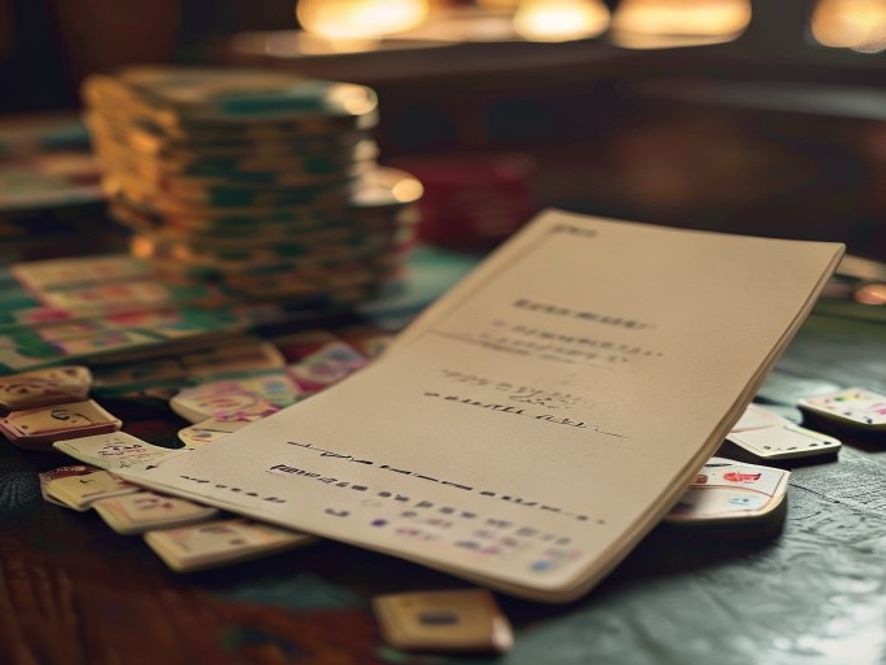 A printed paper hand-reference card propped beside a stack of mahjong tiles on a table.