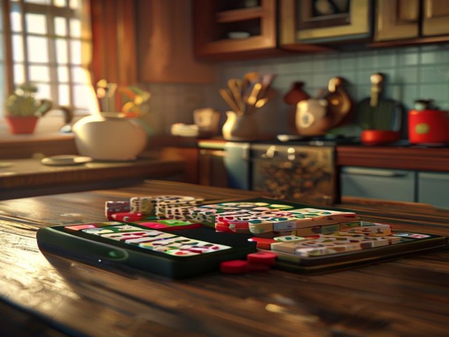 A smartphone showing a mahjong practice app next to a physical tile rack on a kitchen table.