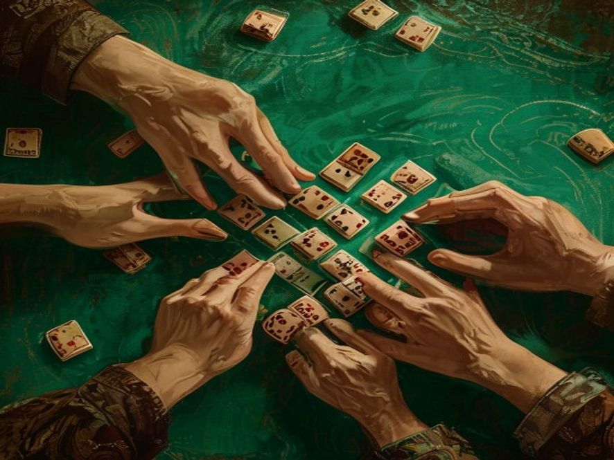 Hands washing mahjong tiles face-down in a swirling shuffle on a green felt mat before building the wall.