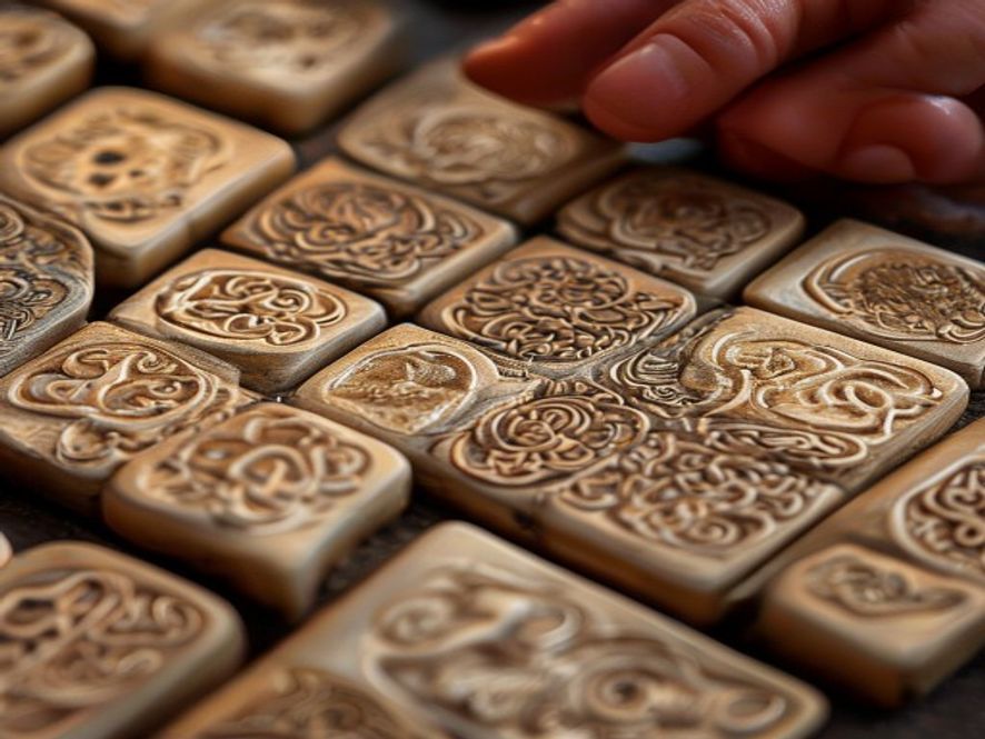 Close-up of hand-carved bone-and-bamboo mahjong tiles showing subtle individual variation in the engraving.