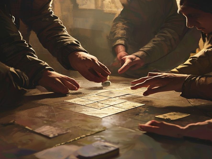 A hand discarding a single tile into the center of the table while three other players watch.