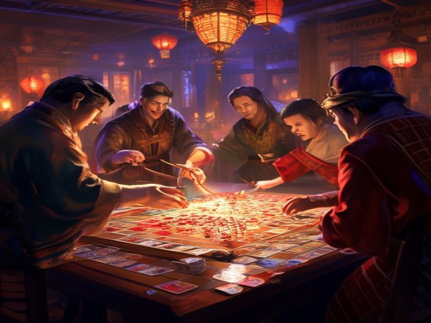 Tiles being passed between players during the American mahjong Charleston ritual before play begins.