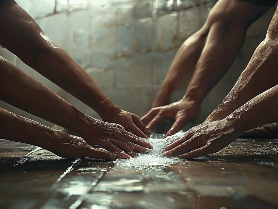 Hands of several players together washing tiles face-down before building the wall, blurred with motion.