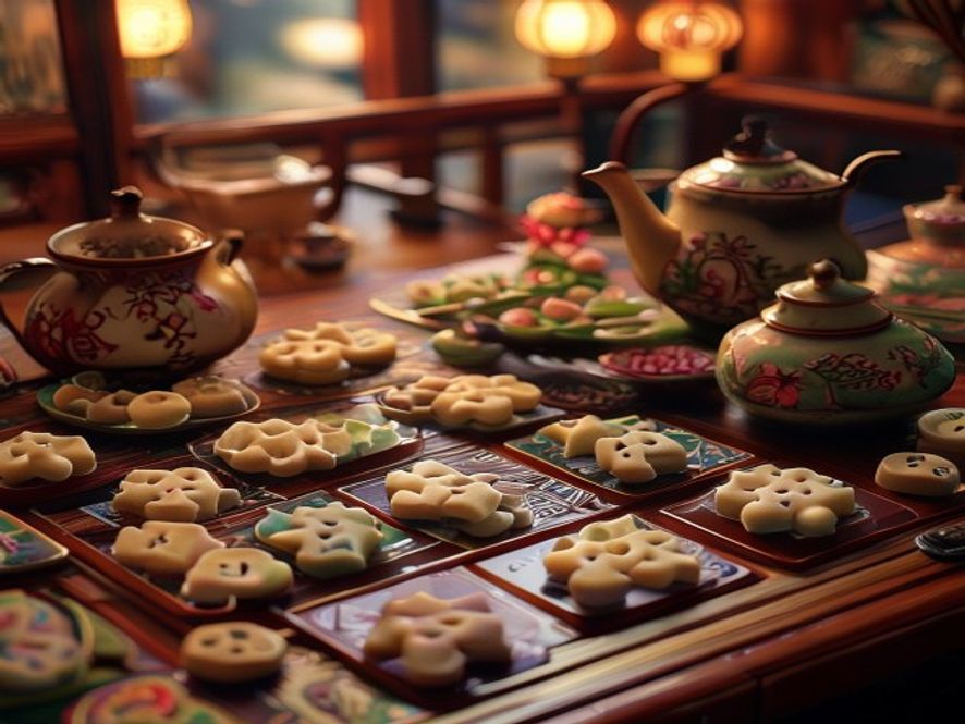 A table set for a mahjong night with tile-shaped decorated cookies, a teapot, and small plates of dumplings.
