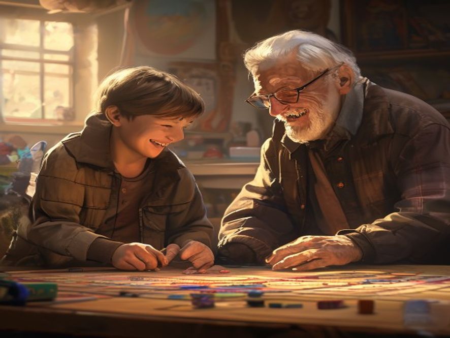 An older player guiding a younger beginner through their first tile pass, both smiling at the table.