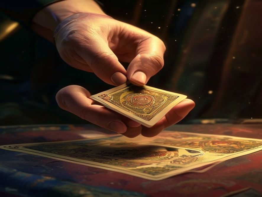 A hand holding a single face-up captain-style card above a play surface