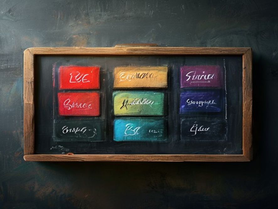A small chalkboard listing six colors with single-word strategy labels