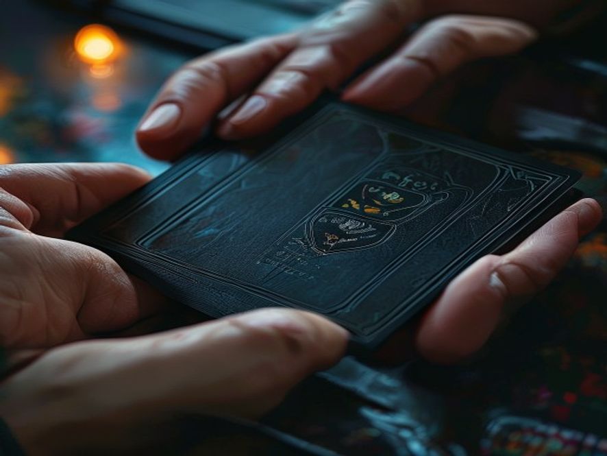 Hands sliding a trading card into a matte protective sleeve