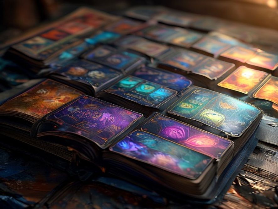 An open card binder with rows of sleeved cards in pocket pages