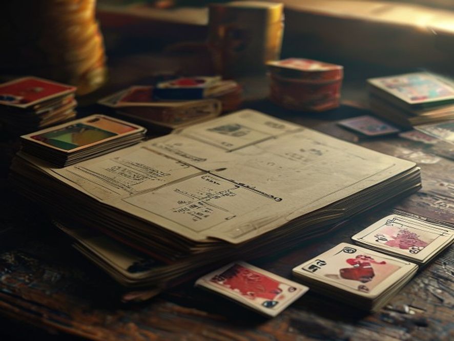 A notebook page listing deck ratios beside a small pile of cards