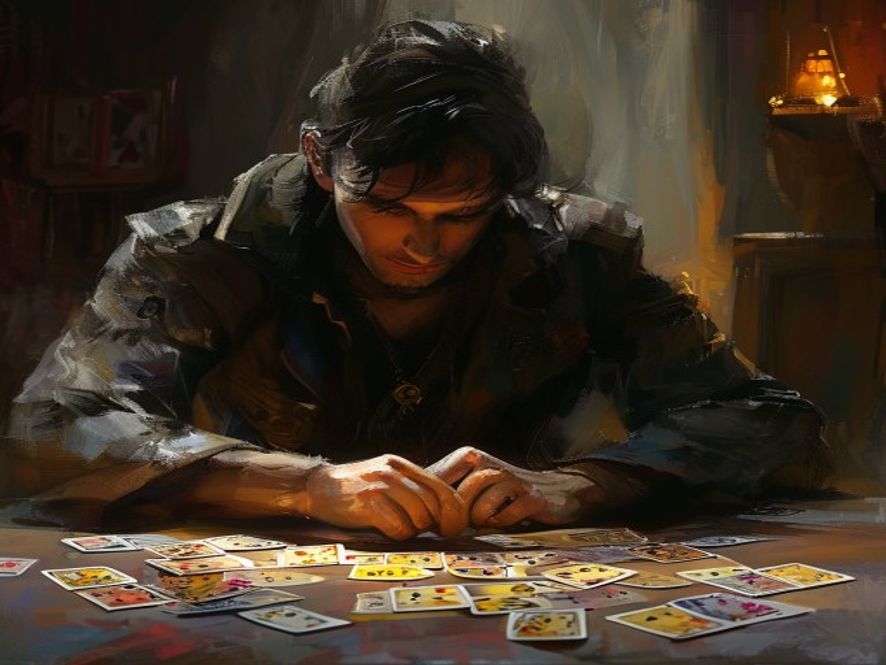 A player pausing thoughtfully over a half-committed board of cards